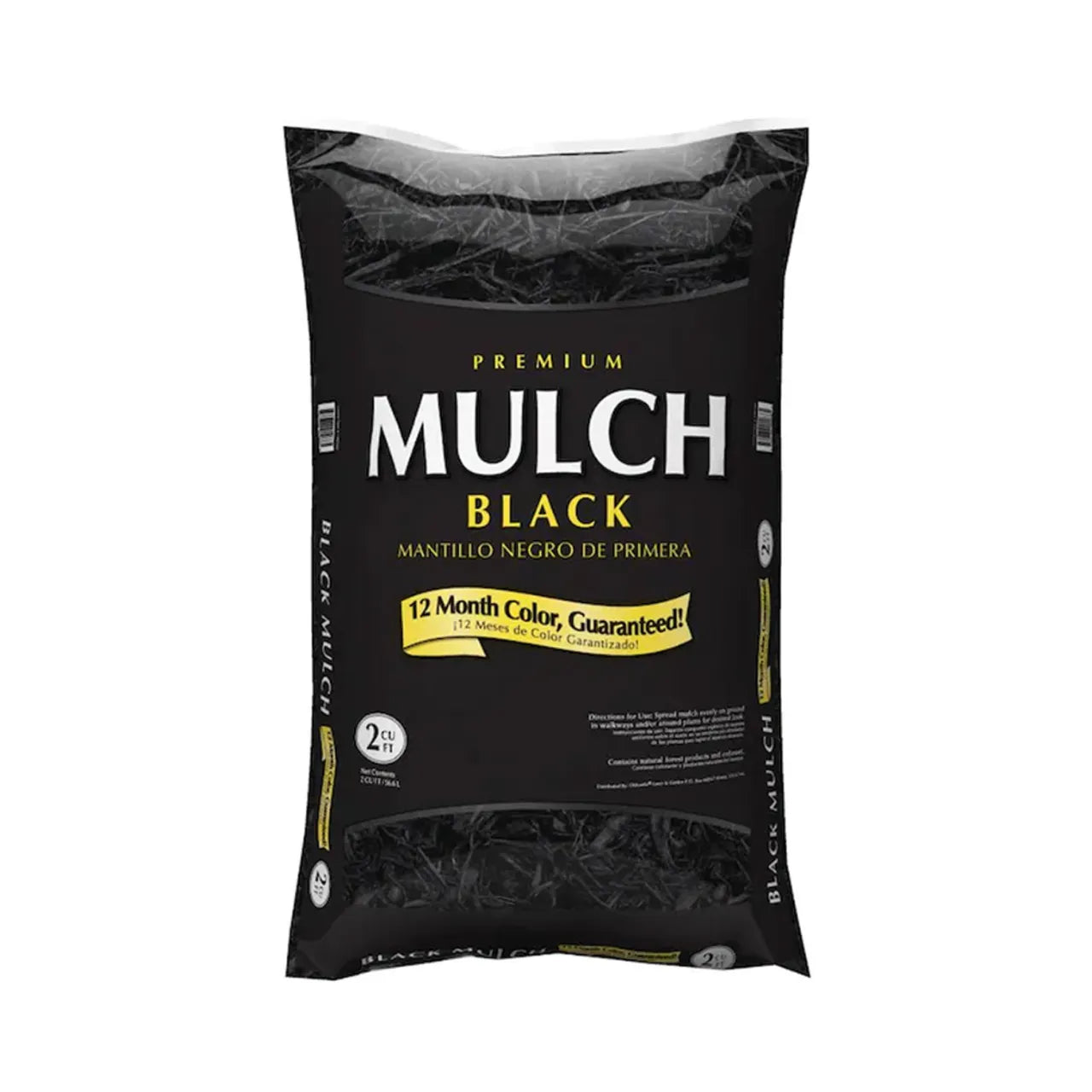 Go Build 2 cu. ft. Hardwood Mulch - Black, from The Fastest Way To Build, comes in a large black bag with yellow and white lettering and 12 month color, guaranteed in English and Spanish—ideal for quick mulch delivery.
